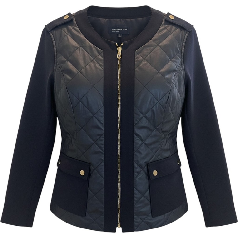 Jones New York Signature Navy Quilted Faux Leather Mixed Media Jacket Large